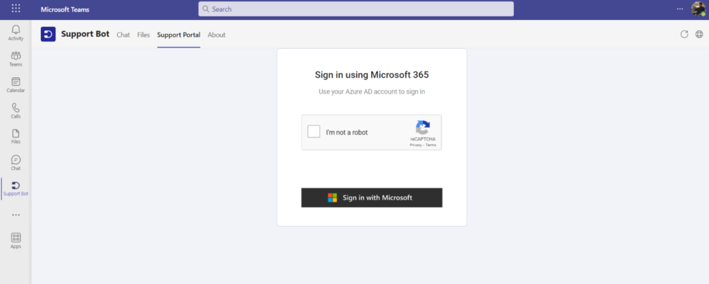sign into the support portal using microsoft sign in option from Teams