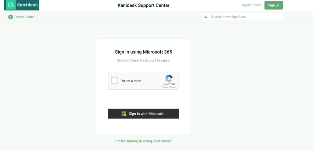 signing into the support portal using the microsoft 365 option