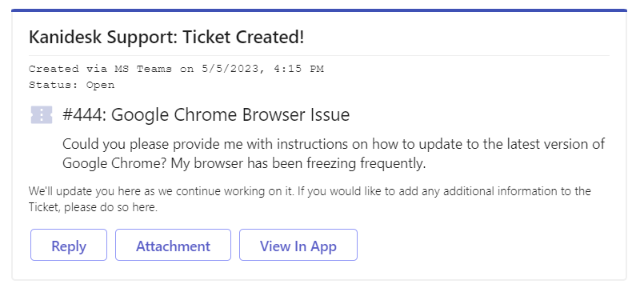 ticket created notification for end-users in the Support Bot