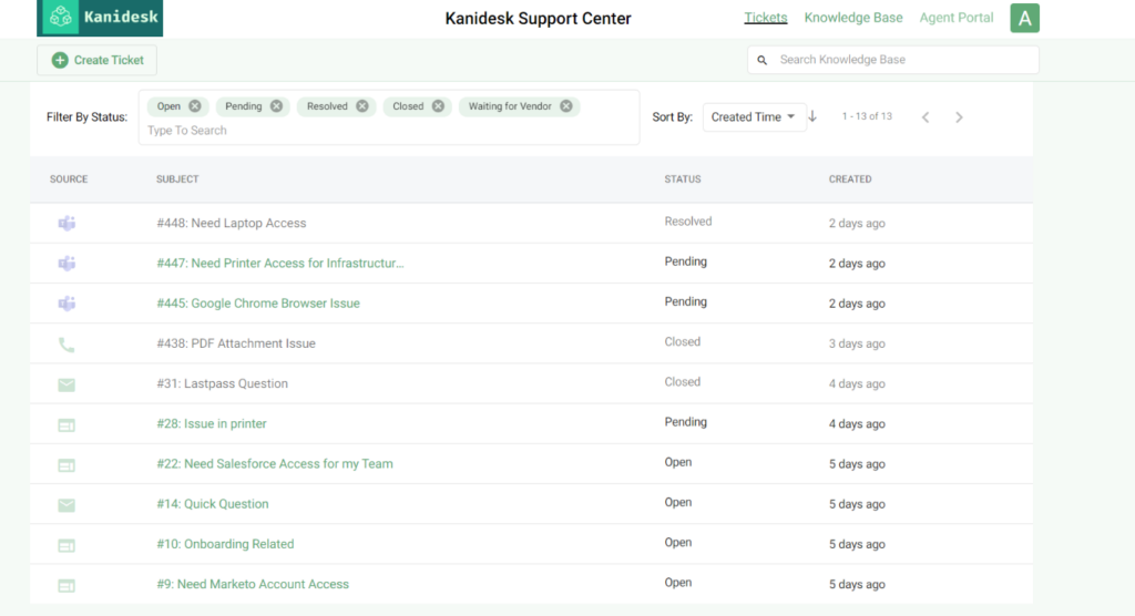 tracking ticket status in the support portal