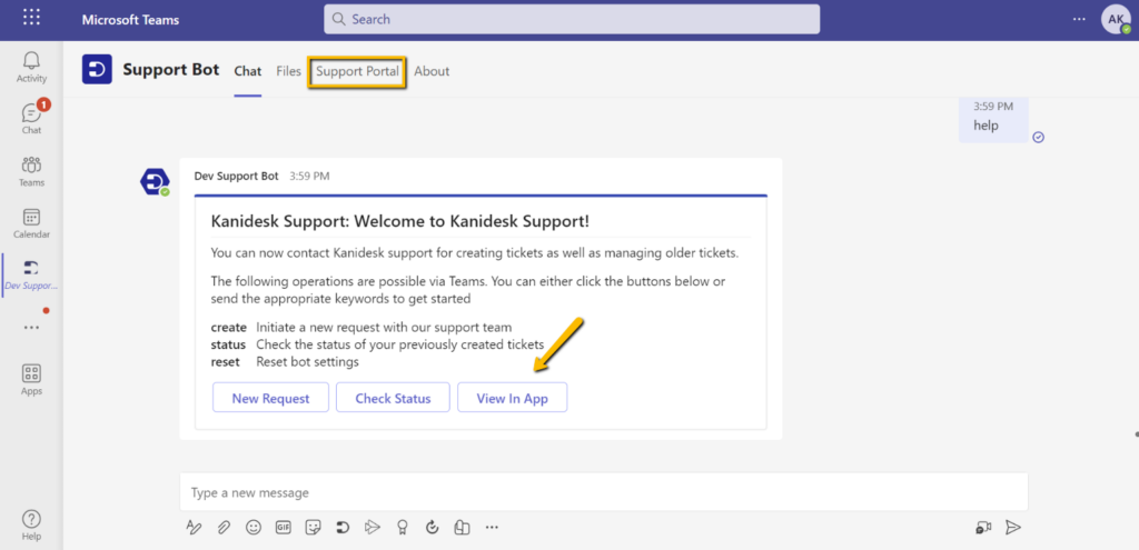viewing support portal from Teams