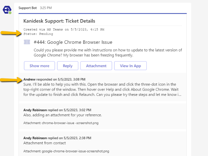 viewing ticket history for a particular ticket in the support bot