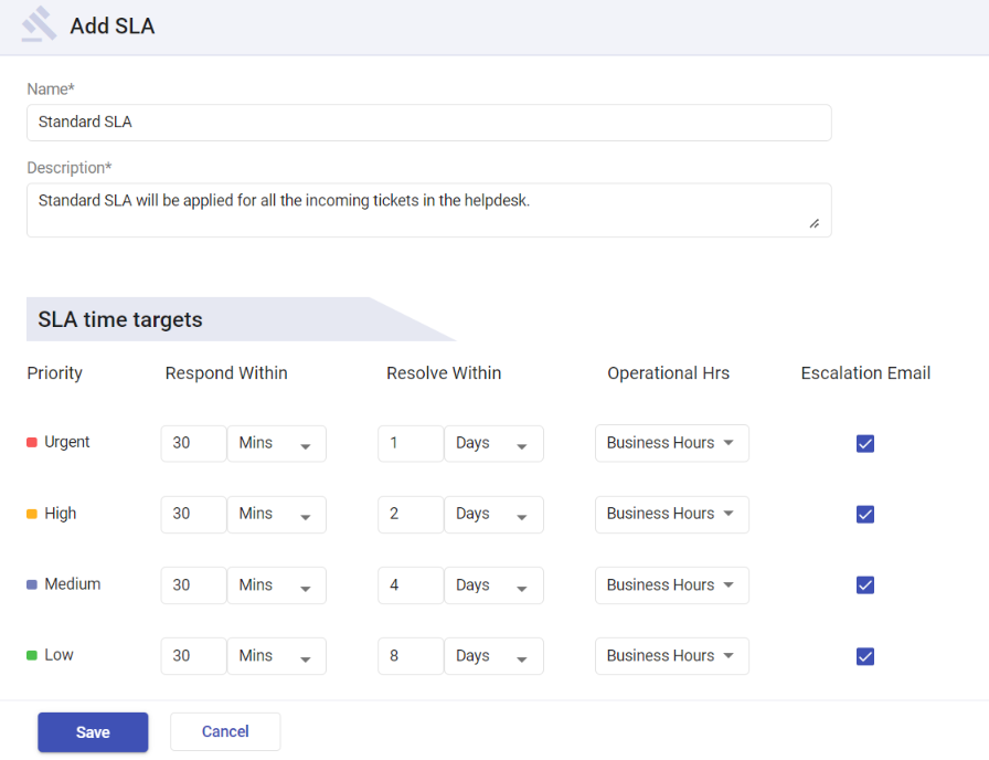 creating a new SLA policy in Desk365