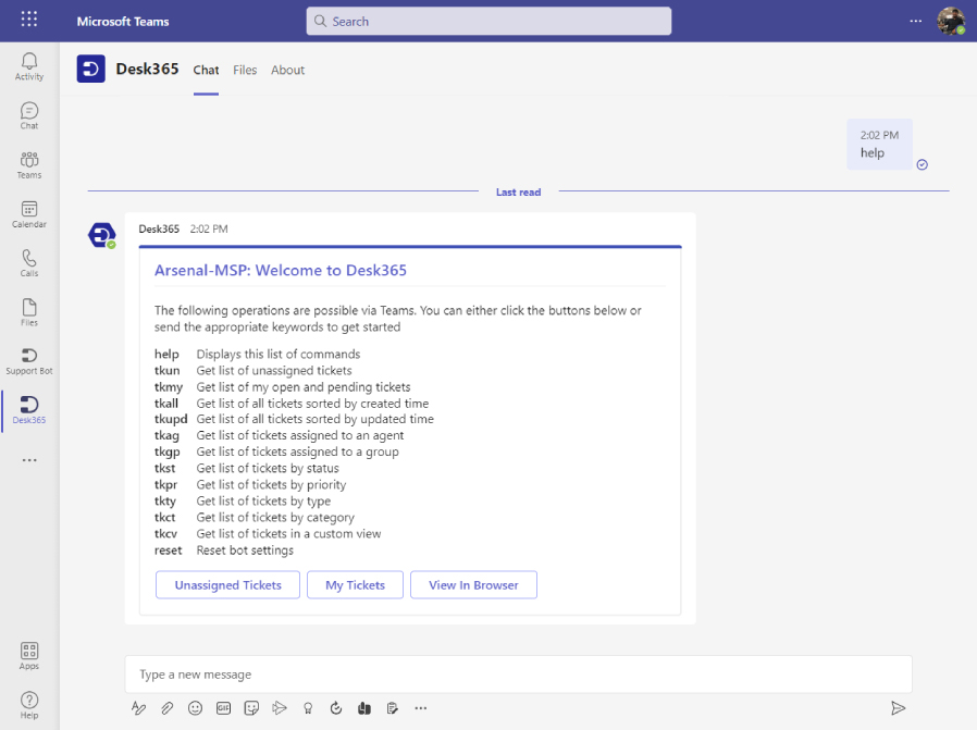 agent bot commands in Desk365