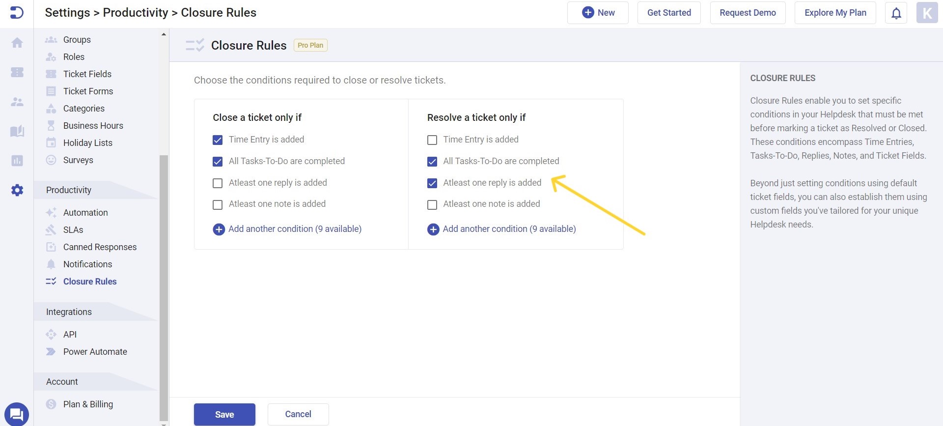 configuring closure rules conditions in Desk365