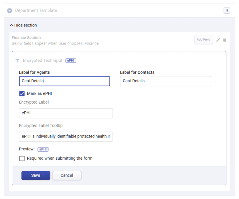ePHI fields in dropdown sections