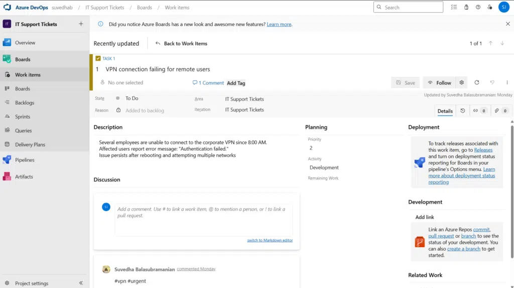 Azure Devops ticketing system