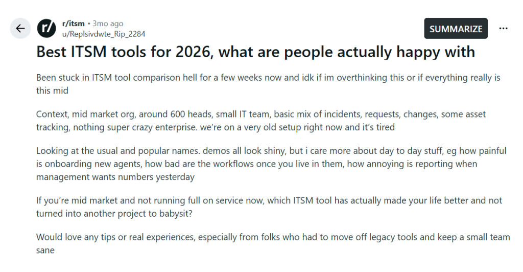 Best ITSM tool discussion on Reddit