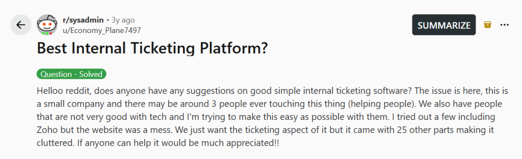 reddit thread about internal ticketing system