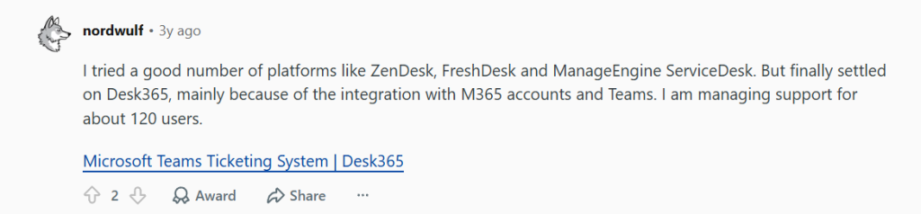 Redditor saying Desk365 to try for Internal ticketing system