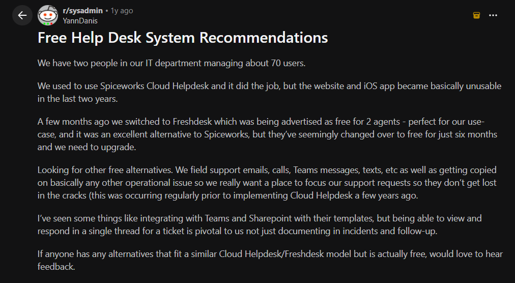 spiceworks-cloud-helpdesk-reddit-discussion