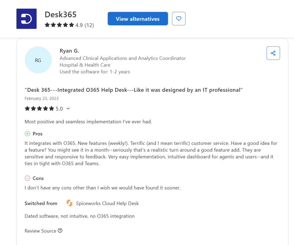 why users switch from spiceworks to desk365